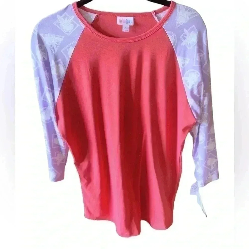 Lularoe large Disney Randy Kermit baseball Tee  in coral‎ & lavender. NWT.